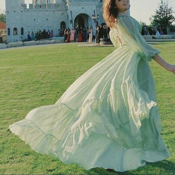 NEW Mac Duggal 67948 Pleated Cut Out Long Sleeve Lace Up Ethereal Sage Gown 8 - Picture 2 of 8